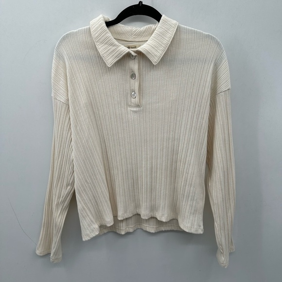 MADEWELL VARIEGATED Ribbed boxy cream 1/4 button stretchy polo.  MEDIUM - Picture 2 of 12